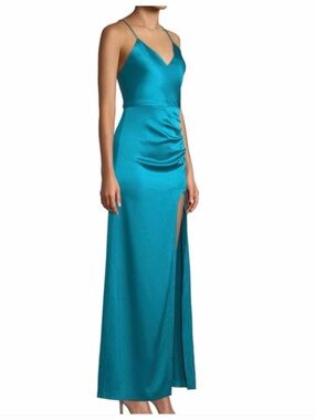 Alice + Olivia Teal Satin V-Neck Spaghetti Strap Maxi Dress